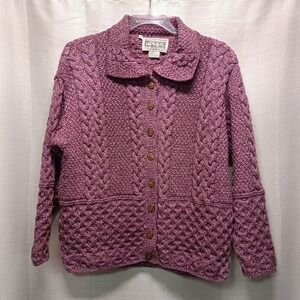 Aran Sweater Market Cardigan Womens M Magenta 100% Irish Merino Wool Cable Knit